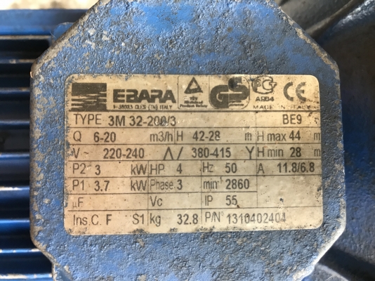 ขายปั้มน้ำหอยโข่งหัวสแตนเลส Ebara 4HP. 380V รุ่นใบพัดใหญ่ส่งน้ำไกล ขนาดเข้า 2นิ้ว ออก 1.2นิ้ว สภาพสวยเดิมๆ พร้อมใช้งาน