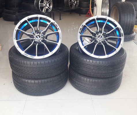 ล้อใหม่YACHIYODA ขอบ15 หน้าเงาคลิปฟ้า 4รู100  พร้อมยาง\%  4 ล้อ