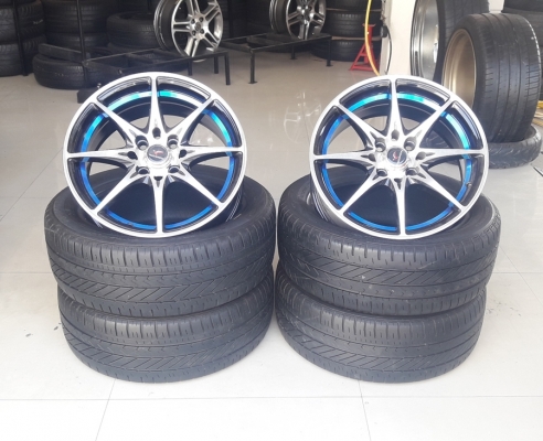 ล้อใหม่YACHIYODA ขอบ15 หน้าเงาคลิปฟ้า 4รู100-114  พร้อมยาง\%  4 ล้อ