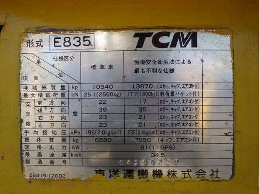 ขายรถตัก ยี่ห้อ TCM รุ่น E835