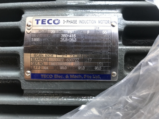 ขายมอเตอร์ไฟฟ้า Teco 20HP. 1450rpm. 4Pole 380V ของใหม่ในลัง ไม่เคยใช้งาน