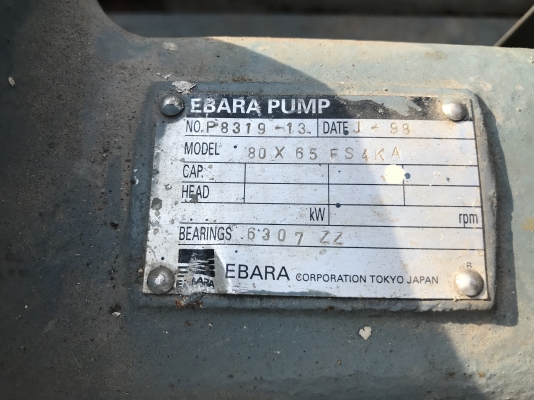 ขายปั้มน้ำหอยโข่ง Ebara 80x65FSK ขนาดเข้า 3นิ้ว ออก 2.5นิ้ว ใบพัดทองเหลือง รุ่นใบพัดใหญ่ส่งน้ำไกล ชนมอเตอร์ 15HP. 380V สภาพสวยเดิมๆ พร้อมใช้งาน มี 5ชุดครับ