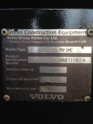 ขายรถแบคโฮ VOLVO EC210B PR1ME เอกสารอินวอย ไมล์ ู6100 ชม.ราคา 950000