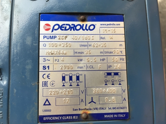 ขายปั้มน้ำหอยโข่ง Pedrollo 5.5HP. 380V made in Italy ใบพัดทองเหลือง ขนาดเข้า 2นิ้ว ออก 1.5นิ้ว สภาพสวยมาก หมุนนิ่ม พร้อมใช้งาน