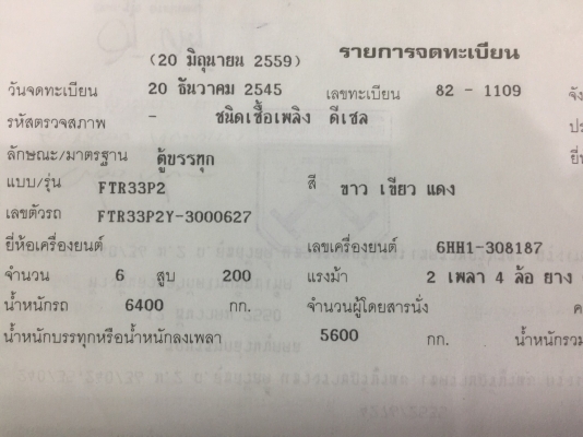 6 ล้อ FTR 33P ปี 45 เครื่อง 200 แรง ยาว 7.20 เมตร ราคา 760,000