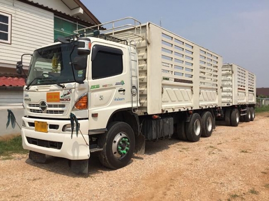 HINO เครื่อง 344 แรง ปลายปี 56 แม่ลูกกระบะสามมิตรไม่ดั้มพ์ สภาพเดิม ๆ เฟืองเร็ว ท้องอ่างมิเนียม ท่อเอส ล้อแม็ค แม่ยาว 6.20 ม. ลูกยาว 7 ม. สภาพยาง 70\% น้ำหนักบรรทุกได้ 32.5 ตัน