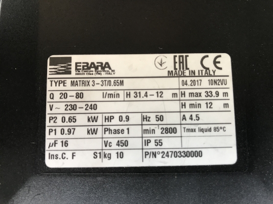 ขายปั้มน้ำแรงดันสูงหัวปั้มสแตนเลส Ebara 0.9HP. 220V ไฟบ้าน รุ่นใบพัด 3ชั้น made in Italy ขนาดเข้า 1นิ้ว ออก 1นิ้ว ของใหม่แกะกล่อง พร้อมชุดสวิทย์อิเลคโทรนิค สั่งซื้อราคาตัวละ 8,700 บาท