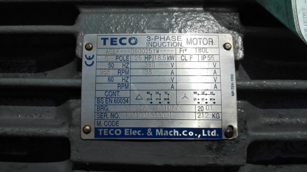 มอเตอร์รอบช้า Teco 25 HP 6 Pole 960 rpm 380V ของใหม่ 100\%