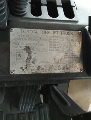 ีรถยกโตโยต้ารุ่น 7 น้ำหนักยก 2.5 ตัน เสาสูง 4 เมตร เครื่องดีเซล เกียร์ธรรมดา