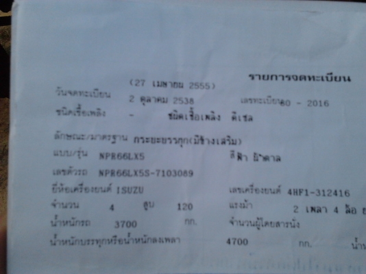 ขาย 6ล้อ ISUZU 120 NPR66LX5S ห้างแท้ ปี38 เครื่องเดิม4HF1 120แรงฝาดำ แห้งดี แรงดีไม่เยิ้ม ช่วงล่างแน่นคัสซีเดิมๆดีมีสนิมบ้าง(ต้องเก็บสี) Fหลัง กระบะพื้นไม้คอกไม้ สภาพดี ยาว4.30ม. หัวบางต้องมีเก็บบางชิ้น ภายในโอเคยางดี3เส้น ขายตามสภาพ รถต้องมีเก็บงานครับ เ