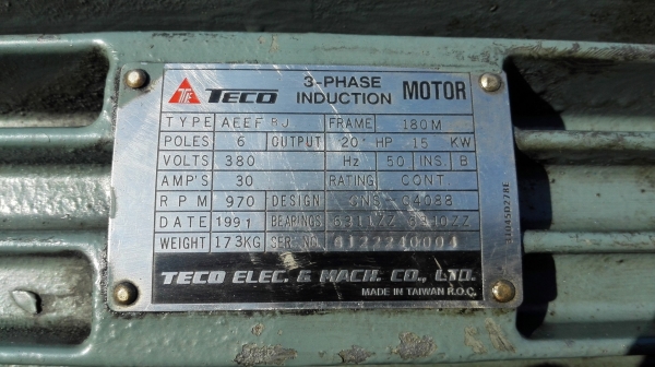 มอเตอร์รอบช้า TECO 20 HP 6 POLE 970 RPM 380V มอเตอร์รอบช้า TECO 20 HP 6 POLE 970 RPM 380V