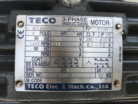 ขายมอเตอร์ไฟ้า Teco 5HP. 380V 4Pole 1450rpm. สภาพสวยมากเดิมๆ หมุนนิ่ม พร้อมใช้งาน มี 2ตัวครับ