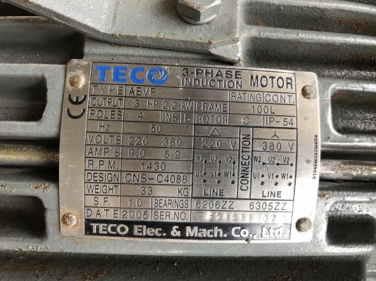 ขายมอเตอร์เกียร์ Teco 3HP. 380V หัวเกียร์ LM อัตราทด 1:180 made in Taiwan เพลาออกประมาณ 8รอบต่อนาที รอบช้าหัวใหญ่แรงบิดเยอะ สภาพสวยมาก หมุนนิ่ม พร้อมใช้งาน ราคา 9,800 บาท