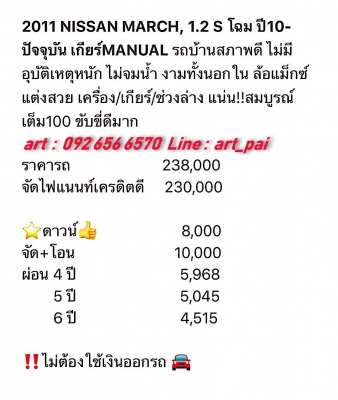 2011 NISSAN MARCH 1.2 S MT รถสวยสภาพดี ไม่มีชนหรือจมน้ำ ภายในเนี๊ยบๆ ล้อแม็กซ์เท่ๆ เครื่องยนต์ เกียร