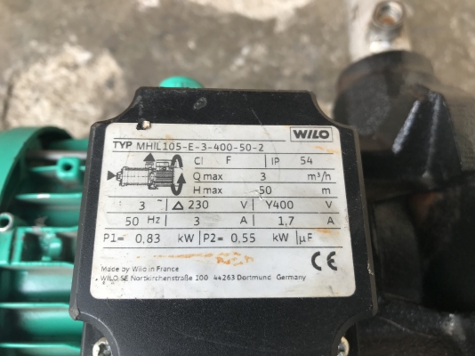ขายปั๊มน้ำหัวสแตนเลสแรงดันสูง 4 ใบพัด WILO 0.55Kw. 380V made in France ขนาดเข้า 1.2นิ้ว ออก 1.2นิ้ว สภาพสวยใหม่มาก พร้อมใช้งาน