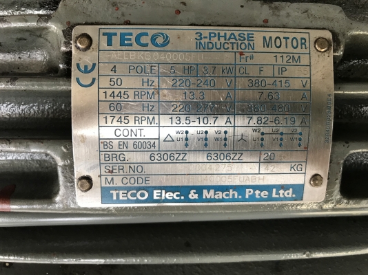 ขายมอเตอร์ไฟฟ้า Teco 5HP. 380V 4Pole 1450rpm. สภาพสวยมากเดิมๆ หมุนนิ่ม พร้อมใช้งาน ขายมอเตอร์ไฟฟ้า Teco 5HP. 380V 4Pole 1450rpm. สภาพสวยมากเดิมๆ หมุนนิ่ม พร้อมใช้งาน
