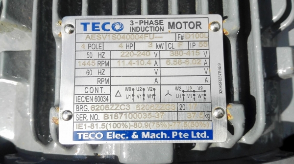 มอเตอร์ไฟฟ้ากำลังของใหม่ TECO ขนาด 4 HP 1445 RPM 380V ของใหม่ มอเตอร์ไฟฟ้ากำลังของใหม่ TECO ขนาด 4 HP 1445 RPM 380V ของใหม่