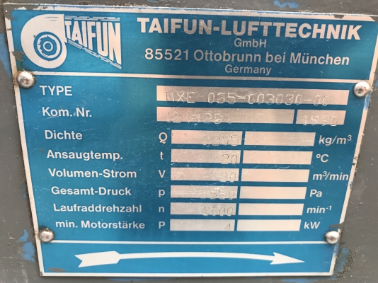 ขายพัดลมโบลเวอร์แรงดันสูง ใบเทอร์โบ Taifun 5.5HP. 380V made in Germany สภาพสวยใหม่มาก เก่าเก็บ หมุนนิ่ม ให้ลมแรง พร้อมใช้งาน
