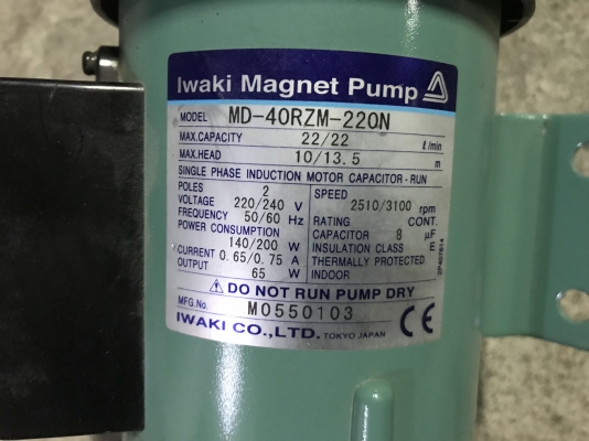 ขายปั๊มเคมี Iwata magnet pump 65W 220V ไฟบ้าน สภาพสวย พร้อมใช้งาน แถมวาล์วไฟฟ้าติดไปให้ด้วยครับ มี 2ตัว ราคาตัวละ 1,800 บาท