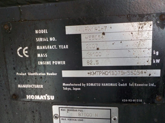 Komatsu PW140-7 ปี2007 รถขุดล้อยาง นำเข้าจากญี่ปุ่น โทร. 080-6565422 (หนิง)