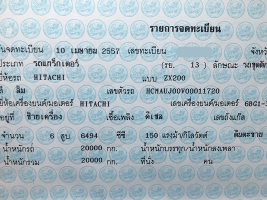 แบคโฮ ยี่ห้อ HITACHI   รุ่น ZX 200-1 รถใช้งาน 9,299 ชั่วโมง มีเล่มทะเบียน