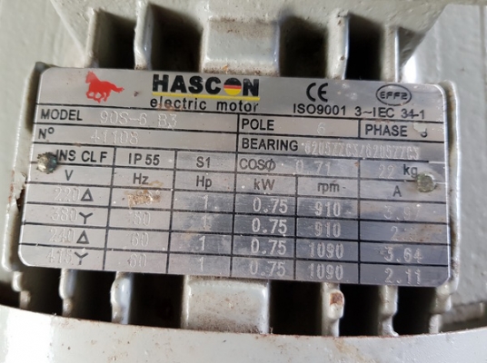 ขาย Motor ยี่ห้อ Hascon ขนาด 1 Hp (0.75 KW) ใช้ไฟ 3 เฟส 910 รอบต่อนาที