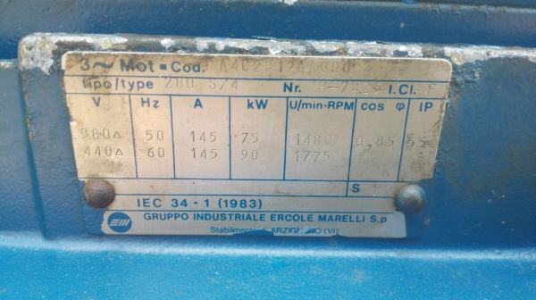 มอเตอร์ไฟฟ้ากำลังอิตาลี่ของใหม่ MARELLI Made in ITALY ขนาด 100 HP 4 POLE 1480 RPM 380V