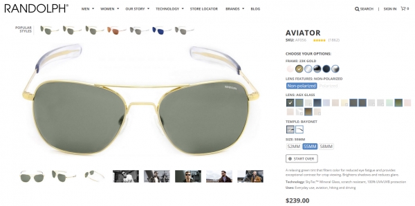 Randolph Engineering รุ่น Aviator AF-52 20mm. วินเทจ American Optical (hand made) ใส่ได้ทั้งหญิงและชาย