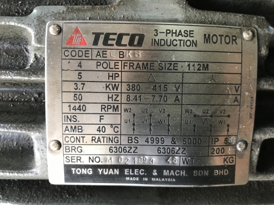 ขายมอเตอร์ไฟฟ้า Teco 5HP. 380V 1450rpm. สภาพสวยเดิมๆ หมุนนิ่ม พร้อมใช้งาน มี 2ตัว ราคาตัวละ 3,800 บาท ขายมอเตอร์ไฟฟ้า Teco 5HP. 380V 1450rpm. สภาพสวยเดิมๆ หมุนนิ่ม พร้อมใช้งาน มี 2ตัว ราคาตัวละ 3,800 บาท