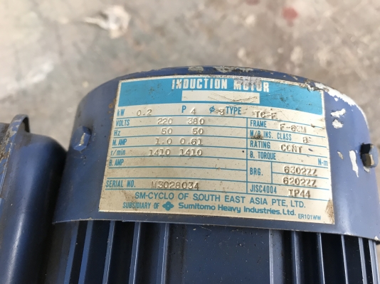 ขายมอเตอร์เกียร์ Cycro drive Sumitomo 0.2Kw. 380V อัตราทด 1:273 made in Japan เพลาออกประมาณ 5รอบต่อนาที รอบช้าแรงบิดเยอะ สภาพสวยมาก หมุนนิ่ม พร้อมใช้งาน ขายมอเตอร์เกียร์ Cycro drive Sumitomo 0.2Kw. 380V อัตราทด 1:273 made in Japan เพลาออกประมาณ 5รอบต่อนาที รอบช้าแรงบิดเยอะ สภาพสวยมาก หมุนนิ่ม พร้อมใช้งาน