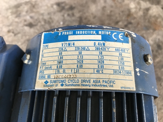 ขายมอเตอร์เกียร์ Cycro drive Sumitomo 0.4Kw 380V อัตราทด 1:43 made in Japan เพลาออกประมาณ 33 รอบต่อนาที รอบช้าแรงบิดเยอะ มีตำหนิขาหัก 1จุด สภาพสวยมาก หมุนนิ่ม พร้อมใช้งาน ขายมอเตอร์เกียร์ Cycro drive Sumitomo 0.4Kw 380V อัตราทด 1:43 made in Japan เพลาออกประมาณ 33 รอบต่อนาที รอบช้าแรงบิดเยอะ มีตำหนิขาหัก 1จุด สภาพสวยมาก หมุนนิ่ม พร้อมใช้งาน