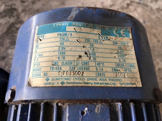 ขายมอเตอร์เกียร์ Cycro drive Sumitomo 0.2Kw. 380V อัตราทด 1:273 made in Japan เพลาออกประมาณ 5รอบต่อนาที รอบช้าแรงบิดเยอะ มีระบบเบรคในตัว สภาพสวยมาก หมุนนิ่ม พร้อมใช้งาน