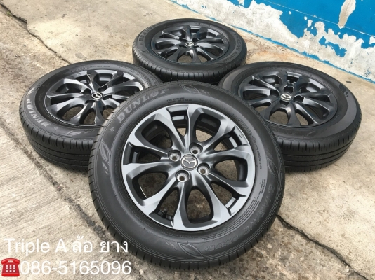 ล้อแม็กป้ายแดง Mazda 2 ขอบ 15 สีดำมิดไนท์ พร้อมยาง Dunlop 185-65-15 ปี 17 แม็กสวย ดอกเต็ม ตุ่มลาง