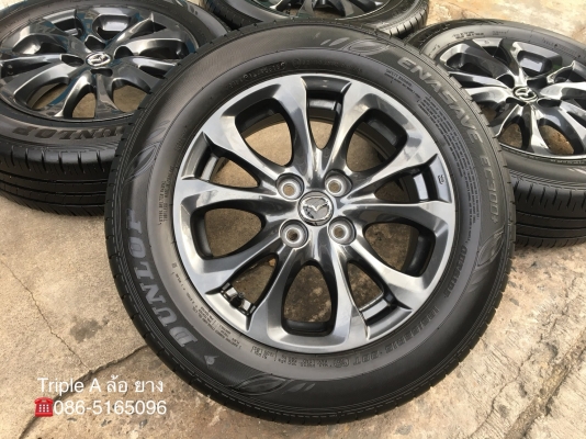 ล้อแม็กป้ายแดง Mazda 2 ขอบ 15 สีดำ พร้อมยางป้ายแดง Dunlop 185-65-15 ปี 18 แม็กสวย ดอกหนานิ่มเต็มๆ