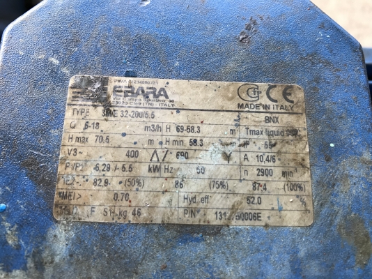 ขายปั๊มน้ำหอยโข่งหัวปั๊มสแตนเลส Ebara 7.5HP. 380V made in Italy ขนาดเข้า 2นิ้ว ออก 1.5นิ้ว รุ่นใบพัดใหญ่ส่งน้ำไกล สภาพสวยมาก หมุนนิ่มเดิมๆ พร้อมใช้งาน