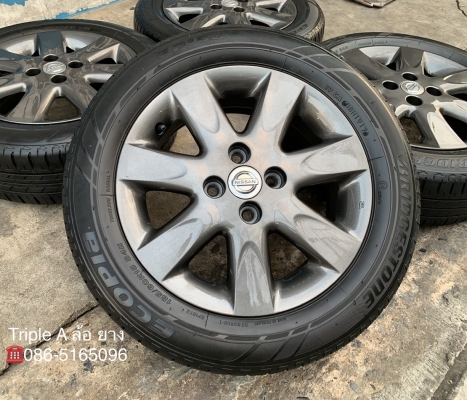 ล้อแม็ก Nissan March ขอบ 15 สีเทากัน พร้อมยาง 185-60-15 Bridgestone ปี 17 สภาพสวย ดอกยางหนาปึก
