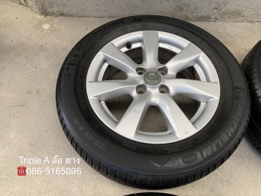 ล้อแม็ก Nissan Almera ขอบ 15 พร้อมยาง Michelin 185-65-15 ปี 15 แม็กเดิม ดอกยางหนาปึก ใส่กับ Almera หรือ March ได้เลย