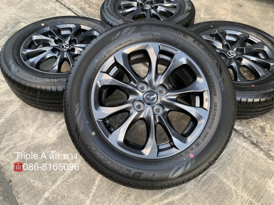 ล้อแม็กป้ายแดง Mazda 2 ขอบ 15 สีดำ พร้อมยางใหม่ป้ายแดง Dunlop 185-65-15 ปลายปี 18 สวยกริ๊บ เส้นสีชัด