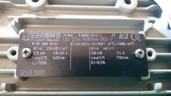 มอเตอร์ซีเมนส์ 3 เฟส 380V 1 แรง 4P 1400rpm