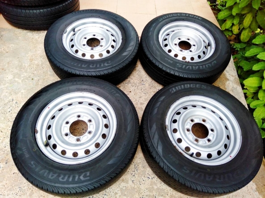 ล้อกระทะอีซูซุ 6รู ขอบ15 พร้อมยางบริดสโตน ดูร่าวิส215/70R15 ปี16 ชุด 4ล้อ