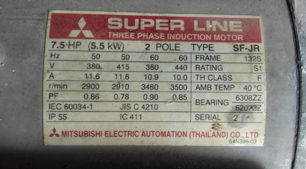 มอเตอร์ไฟฟ้ากำลังรอบเร็ว Mitsubishi 2 POLE 2900 RPM 380V สภาพสวยลวดเดิมวิ่งนิ่มพร้อมใช้