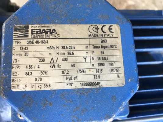 ขายปั้มน้ำหอยโข่งหัวสแตนเลส Ebara 5.5HP. 380V made in Italy ขนาดเข้า 2นิ้ว ออก 1.5นิ้ว แรงดันสูง สภาพสวยเดิมๆ วิ่งนิ่ม พร้อมใช้งาน