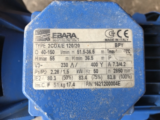 ขายปั๊มน้ำหอยโข่งหัวสแตนเลส 2ใบพัด Ebara 2HP. 380V Made in Italy สภาพสวย หมุนนิ่ม พร้อมใช้งาน