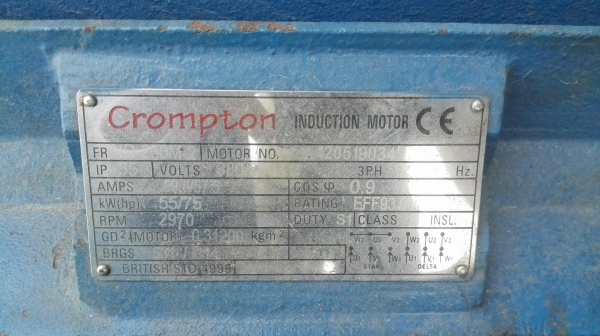 มอเตอร์ไฟฟ้ากำลัง Crompton ขนาด 75 HP 380V 2P (2970 rpm) ของสภาพใหม่ 95\% สแปไว้สำรองบางตัวยังไม่ได้