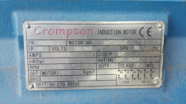 มอเตอร์ไฟฟ้ากำลัง Crompton ขนาด 75 HP 380V 2P (2970 rpm) ของสภาพใหม่ 95\% สแปไว้สำรองบางตัวยังไม่ได้