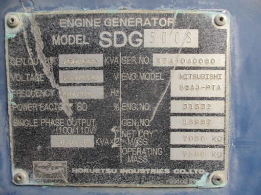 Airman SDG500S-304 : เครื่องปั่นไฟ นำเข้า 500KVA โทร. 080-6565422 (หนิง)