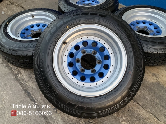 ล้อแม็ก 6รู139 ขอบ 15 สีฟ้าขอบเงา พร้อมยางใหม่ป้ายแดง 215-70-15 Dunlop ปลายปี 18