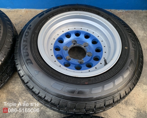 ล้อแม็ก 6รู139 ขอบ 15 สีฟ้าขอบเงา พร้อมยางใหม่ป้ายแดง 215-70-15 Dunlop ปลายปี 18