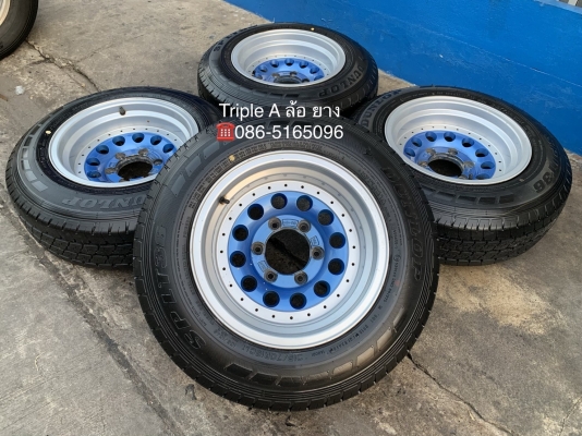 ล้อแม็ก 6รู139 ขอบ 15 สีฟ้าขอบเงา พร้อมยางใหม่ป้ายแดง 215-70-15 Dunlop ปลายปี 18