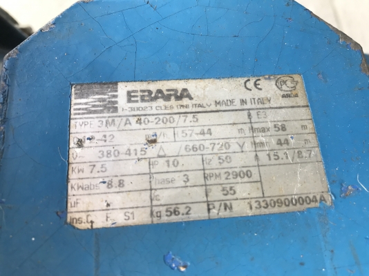 ( เหลือ 1ตัวครับ )ขายปั๊มน้ำหอยโข่งหัวปั๊มสแตนเลส Ebara 10HP. 380V made in Italy ขนาดเข้า 2.5นิ้ว ออก 2นิ้ว สภาพสวย หมุนนิ่ม พร้อมใช้งาน มี 2ตัวครับ ราคาตัวละ 18,500 บาท